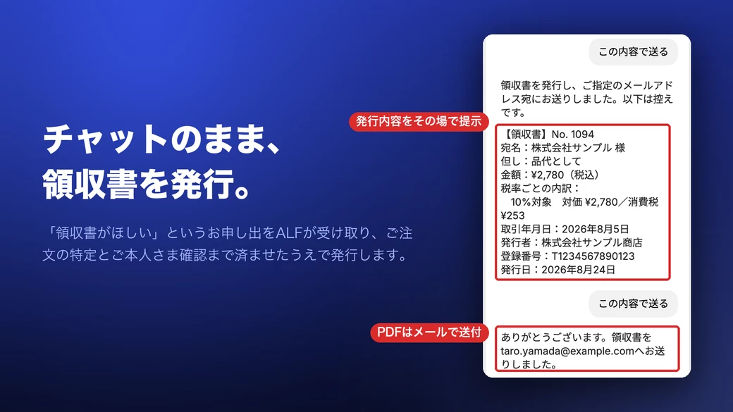 ALFがチャットのまま領収書を発行し、控えを提示してPDFをメールで送っているところ。